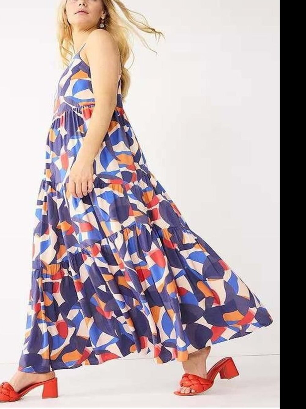 Nine West Maxi Dress 0X Abstract Print Tiered Sleeveless Boho Summer